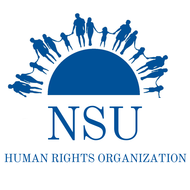 Blue NSU Human Rights Organization logo and lettering on a white background